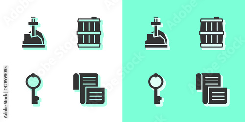 Set Decree, parchment, scroll, Sword in the stone, Old key and Wooden barrel icon. Vector