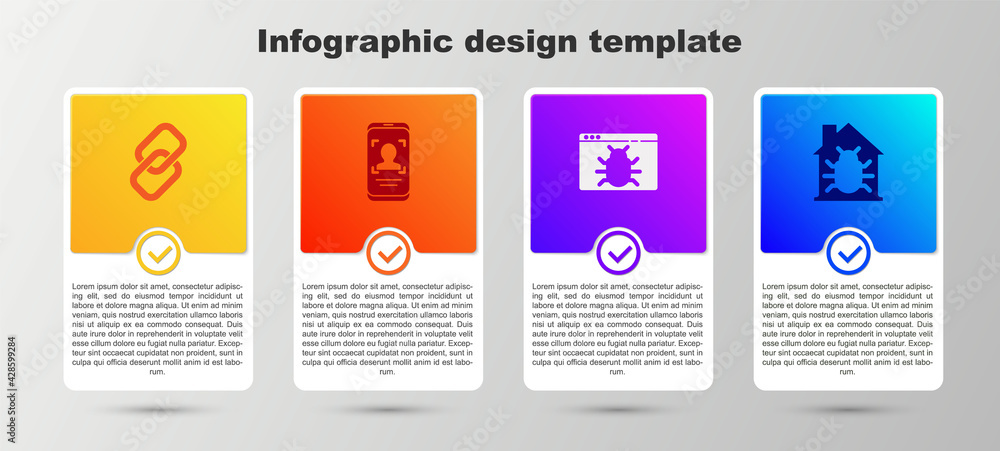 Set Chain link, Mobile and face recognition, System bug and House system. Business infographic template. Vector Set Chain link, Mobile and face recognition, System bug and House system. Business infographic template. Vector