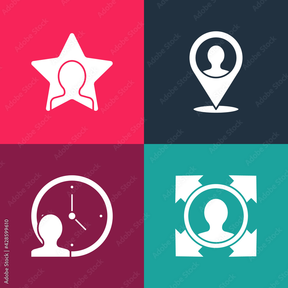 Set pop art Head hunting, Time Management, Location with person and icon. Vector Set pop art Head hunting, Time Management, Location with person and icon. Vector