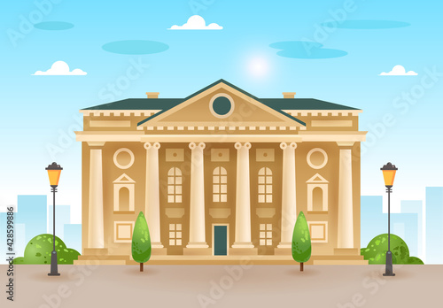 Palace, courthouse, theater, parliament or museum. Classicism. The facade of a classic public building with a road and trees. Flat style. Vector illustration isolated on white background.