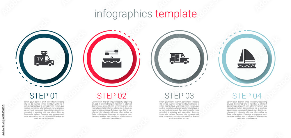 Set TV News car, Boat with oars, Minibus and Yacht sailboat. Business infographic template. Vector Set TV News car, Boat with oars, Minibus and Yacht sailboat. Business infographic template. Vector