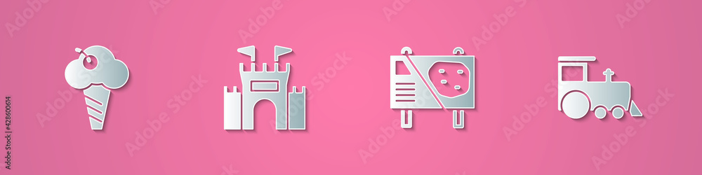 Set paper cut Ice cream in waffle cone, Castle, Amusement park billboard and Toy train icon. Paper art style. Vector Set paper cut Ice cream in waffle cone, Castle, Amusement park billboard and Toy train icon. Paper art style. Vector