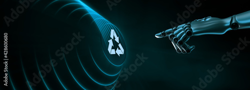 Recycle zero waste ecology saving technology concept. Robotic hand pressing button 3d render