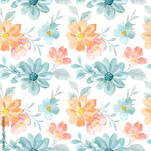 Green peach flower watercolor seamless pattern © Asrulaqroni