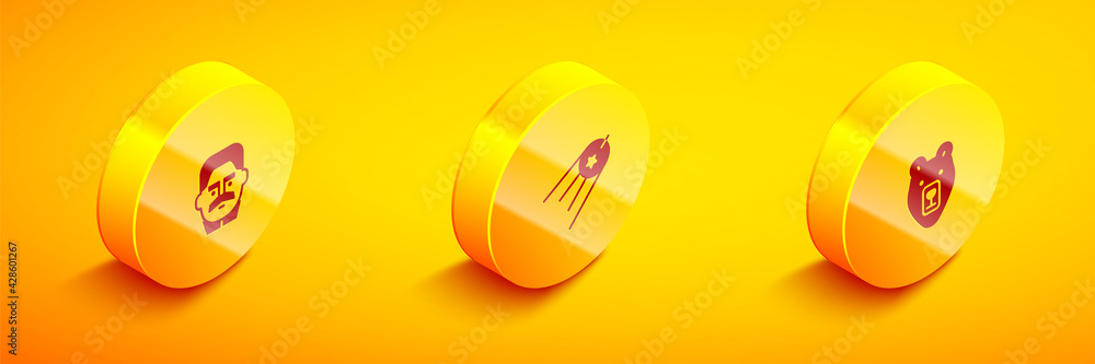 Set Isometric Joseph Stalin, Satellite and Bear head icon. Vector Set Isometric Joseph Stalin, Satellite and Bear head icon. Vector