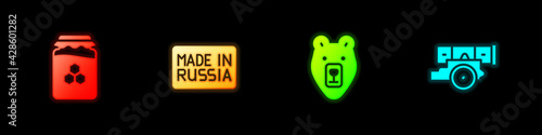 Set Jar of honey, Made in Russia, Bear head and Cannon icon. Vector