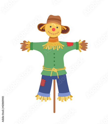 Stylized funny cartoon stuffed animal in a green shirt and straw hat. Vector flat illustration