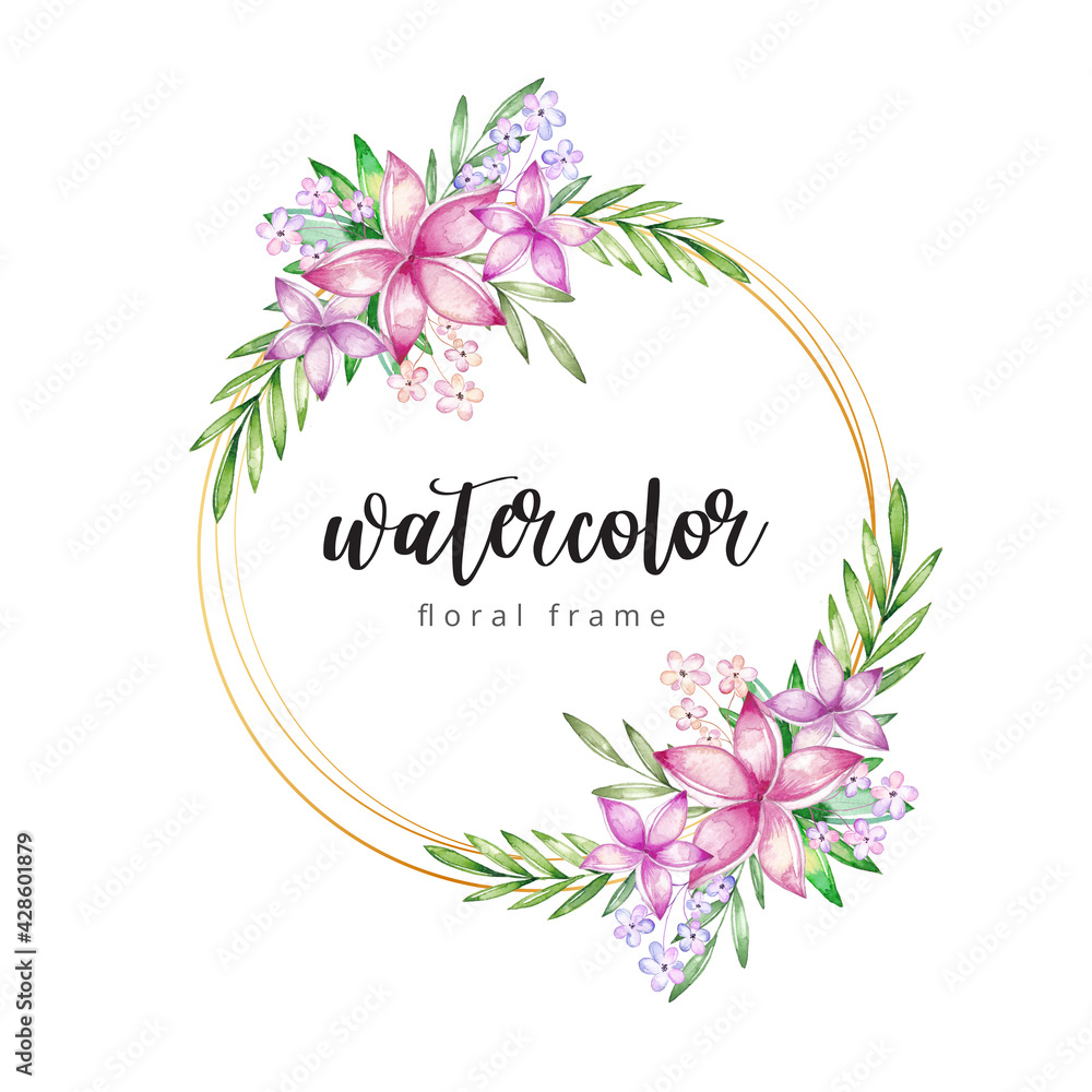 Watercolor floral frame with gold border