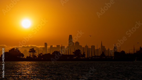Sunset of the skyline of San Francisco Ca. seen from Alameda beach © Larry D Crain