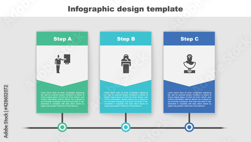 Set Museum guide, Gives lecture and Ancient bust sculpture. Business infographic template. Vector