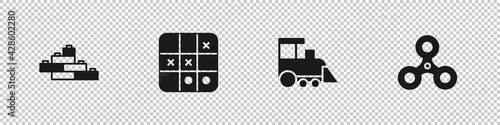 Set Toy building block bricks, Tic tac toe game, train and Fidget spinner icon. Vector