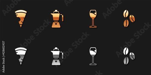 Set Slice of pizza, Coffee moca pot, Wine glass and beans icon. Vector