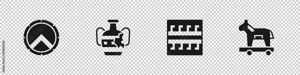 Set Greek shield, Broken amphorae, Ancient pattern and Trojan horse icon. Vector Set Greek shield, Broken amphorae, Ancient pattern and Trojan horse icon. Vector