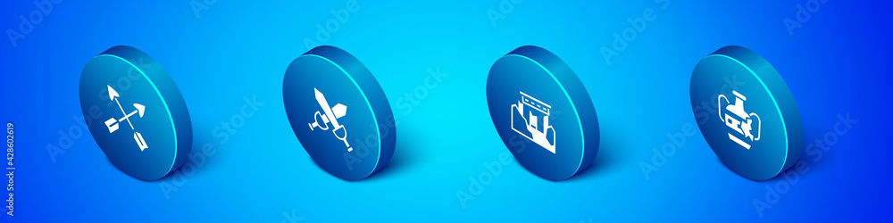 Set Isometric Crossed arrows, Ancient ruins, Broken amphorae and medieval sword icon. Vector Set Isometric Crossed arrows, Ancient ruins, Broken amphorae and medieval sword icon. Vector