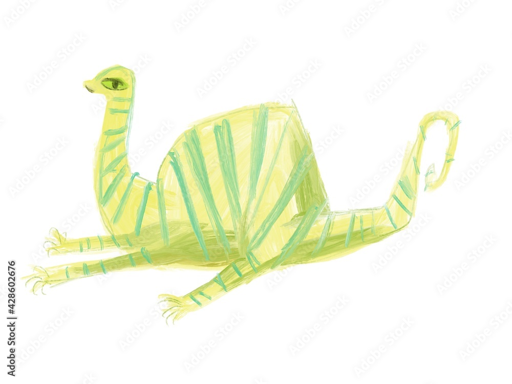 Naklejka premium fat striped green dinosaur resting, illustration on white background