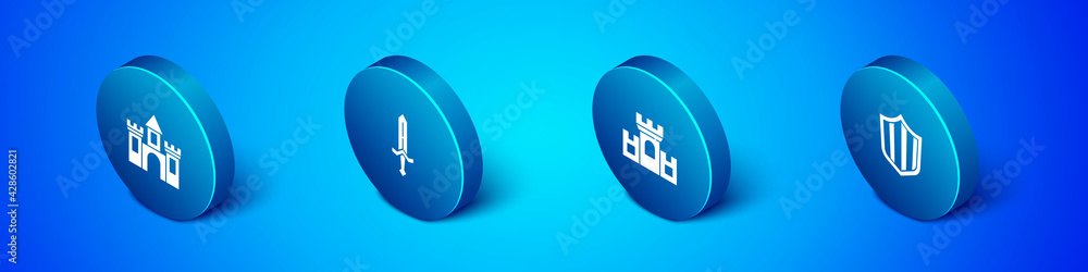 Set Isometric Castle, fortress, , Shield and Medieval sword icon. Vector Set Isometric Castle, fortress, , Shield and Medieval sword icon. Vector