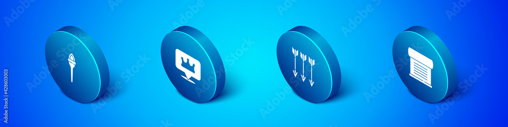Set Isometric Torch flame, Crossed arrows, Decree, parchment, scroll and Location king crown icon. Vector Set Isometric Torch flame, Crossed arrows, Decree, parchment, scroll and Location king crown icon. Vector