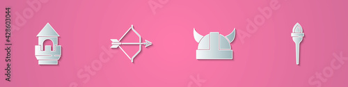 Set paper cut Castle tower, Medieval bow and arrow, Viking in horned helmet and Torch flame icon. Paper art style. Vector