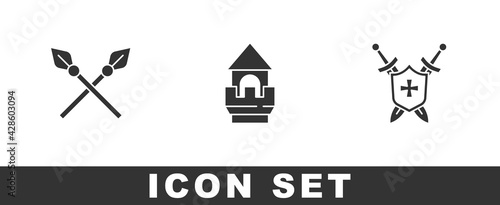 Set Crossed medieval spears, Castle tower and Medieval shield with swords icon. Vector