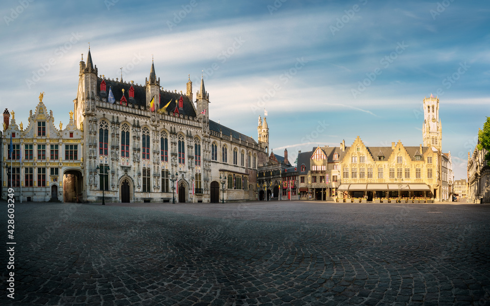 Panoramic view of the The Burg square and the Town Hall in Bruges. Brugge, Belgium