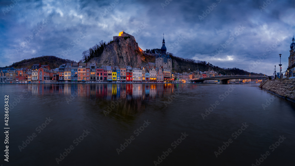 Panoramic view of Dinant, Belgium. Dinant is a Walloon city located on the River Meuse, in the Belgian province of Namur