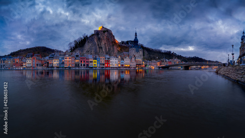 Panoramic view of Dinant, Belgium. Dinant is a Walloon city located on the River Meuse, in the Belgian province of Namur