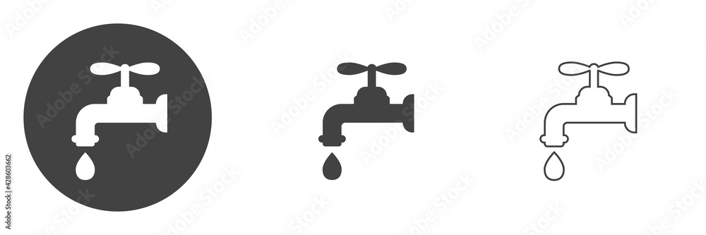 Water tap with water isolated on white background. Plumbing, hand washing and washing symbol Water tap with water isolated on white background. Plumbing, hand washing and washing symbol