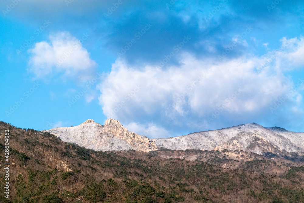 Snowfall at the top of Geumjeongsan Mountain, a famous landmark in Busan, South Korea