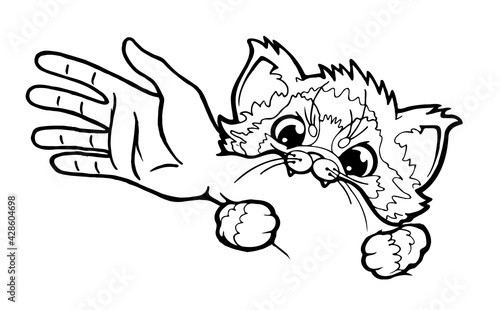 Cute Cat Biting the Hand. vector illustration. T-shirt apparel print design. Black and white hand drawn image for coloring, for greeting cards.