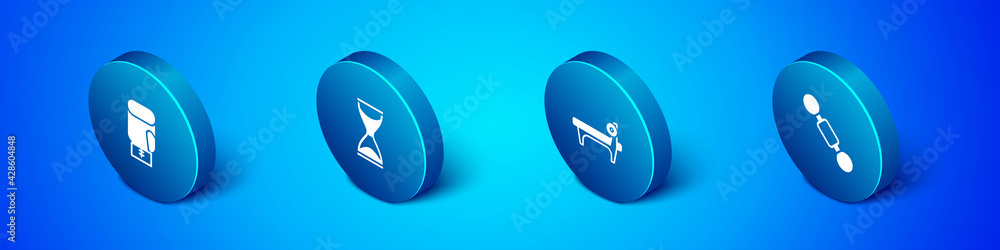 Set Isometric Boxing glove, Bench with barbel, Dumbbell and Old hourglass icon. Vector Set Isometric Boxing glove, Bench with barbel, Dumbbell and Old hourglass icon. Vector
