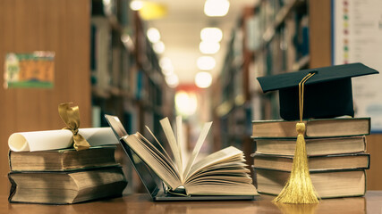 Online education, school study course, e-learning class, e-book digital technology and global educational success graduation concept with computer notebook open in library or classroom background