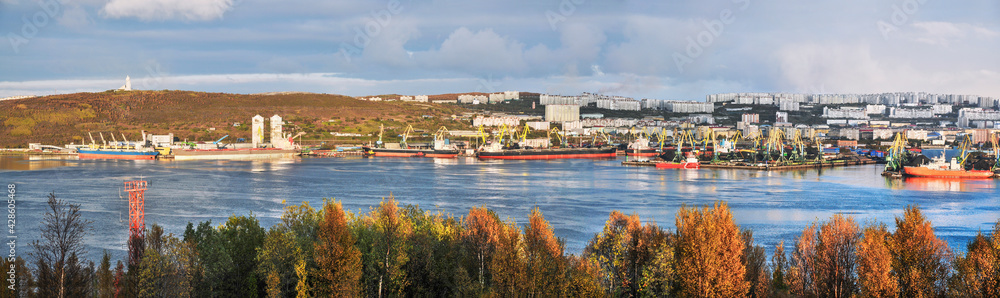 Golden autumn. View of the city of Murmansk and the port (panorama)
Murmansk seaport is the only non-freezing Northern port of Russia, and only because the Gulf Stream enters the Kola Bay (Barents Sea