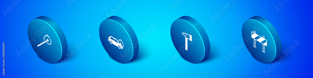 Set Isometric Burning match with fire, Firefighter axe, Road barrier and car icon. Vector Set Isometric Burning match with fire, Firefighter axe, Road barrier and car icon. Vector