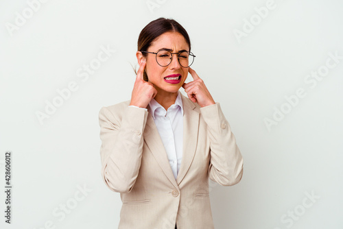 Young business caucasian woman isolated on white background