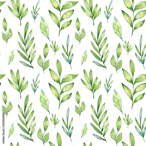 Watercolor green leaves seamless pattern