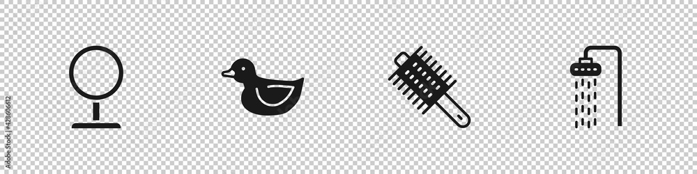 Set Round makeup mirror, Rubber duck, Hairbrush and Shower icon. Vector Set Round makeup mirror, Rubber duck, Hairbrush and Shower icon. Vector