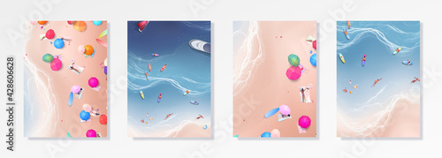 Colorful Summer banners, ocean tropical backgrounds, sea, surf beach paper cut. Beautiful top view cards, posters, flyers, party invitations. Summertime template collection.