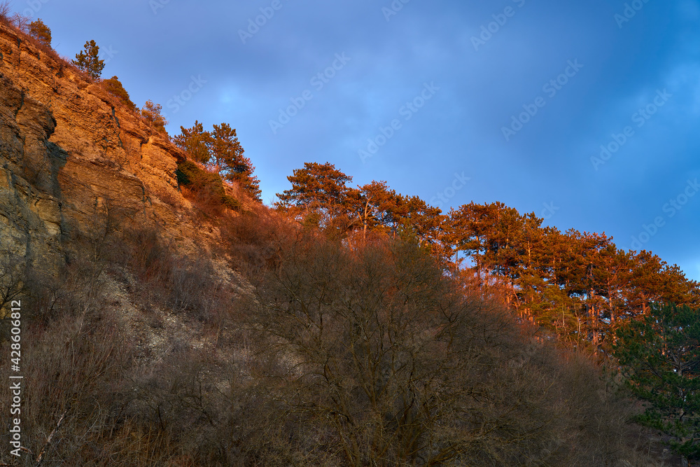 Obraz premium Abend über dem Naturschutzgebiet Grainberg-Kalbenstein bei Karlstadt, Landkreis Main-Spessart, Unterfranken, Bayern, Deutschland