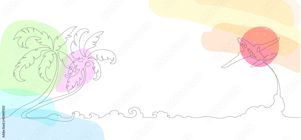 Line art of palm leaves, airplane, abstract tropical decor, palm branch, minimalist flower design. Vector palm artwork, botanical floral print, tourism, travel. Line art of palm leaves, airplane, abstract tropical decor, palm branch, minimalist flower design. Vector palm artwork, botanical floral print, tourism, travel.