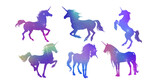 Magic Cute unicorns silhouettes. Stylish icons, vintage, background, horses tattoo. Hand drawn vector illustration, outline, isolated different unicorn body collection
