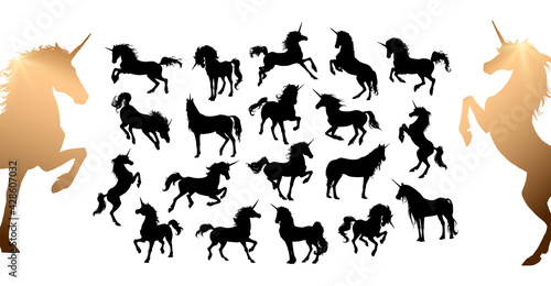 Magic Cute unicorns silhouettes. Stylish icons  vintage  background  horses tattoo. Hand drawn vector illustration  outline  isolated different unicorn body collection