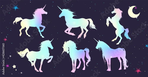 Magic Cute unicorns silhouettes. Stylish icons, vintage, background, horses tattoo. Hand drawn vector illustration, outline, isolated different unicorn body collection
