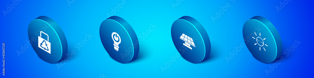 Set Isometric Paper bag with recycle, Solar energy panel, and Light bulb lightning icon. Vector Set Isometric Paper bag with recycle, Solar energy panel, and Light bulb lightning icon. Vector