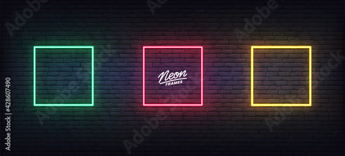 Neon frames. Set of colorful glowing rectangle border templates