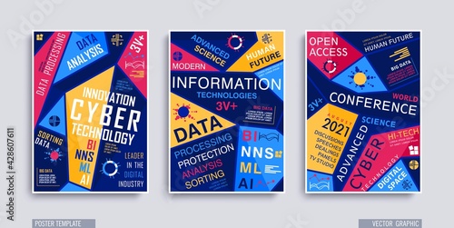 A4 poster template with geometric composition. Bright flat style shapes with typographics design. Trendy vector polygonal illustration