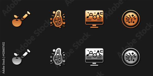 Set Genetically modified apple, Bacteria, engineering modification and Petri dish with bacteria icon. Vector