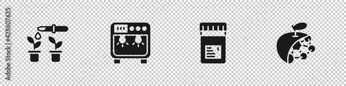 Set Pipette and plant, Biosafety box, Jar with additives and Biological structure icon. Vector