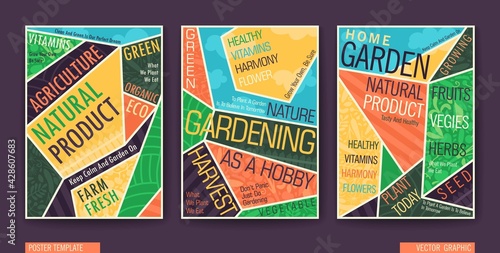 Gardening, Farming, Agriculture and Healthy Lifestyle Posters Set. A4 booklet template with typography composition. Vector banners