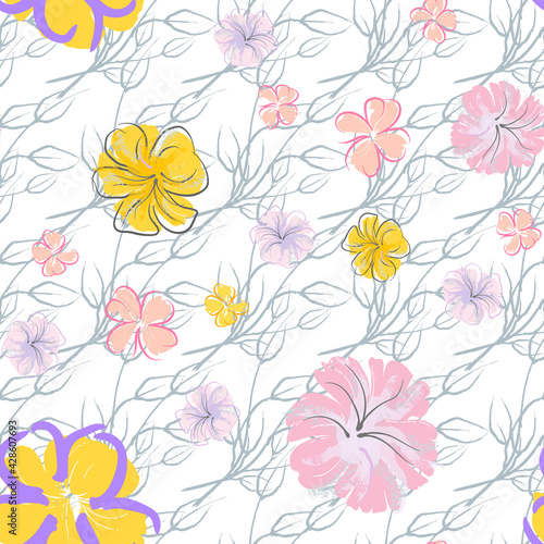 Wallpaper Mural Pink Flowers Blooming Pattern. Pastel Watercolor. Torontodigital.ca