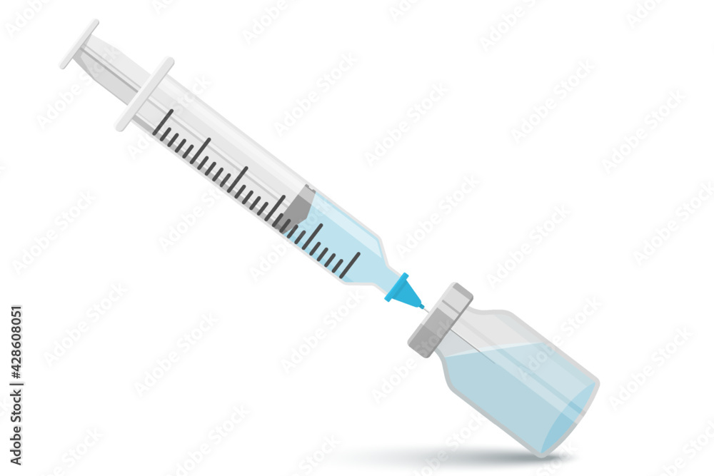 Medical syringe with a needle in a vial with a vaccine for hypodermic injection, with anti-Covid-19 serum. Injections, vaccine and disposable syringe. Sterile ampoule vials with aluminum cap. Medical syringe with a needle in a vial with a vaccine for hypodermic injection, with anti-Covid-19 serum. Injections, vaccine and disposable syringe. Sterile ampoule vials with aluminum cap.